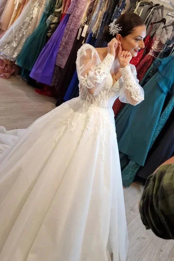 Princess Long V-neck A-line Lace Wedding Dresses With Long Sleeves (ZD14841)