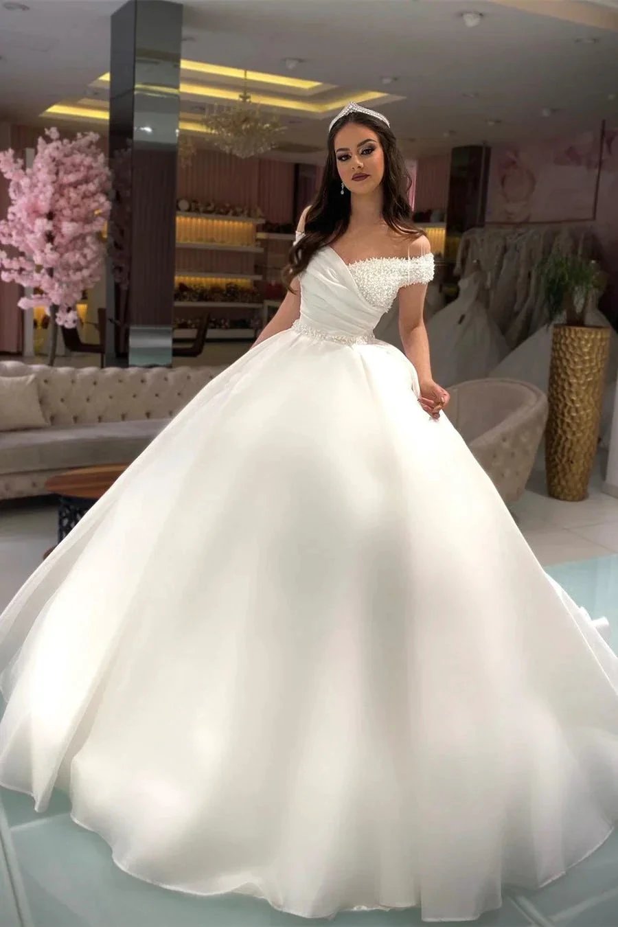 Princess Long White A-line Off-the-shoulder Wedding Dress With Pearls (ZD14927)