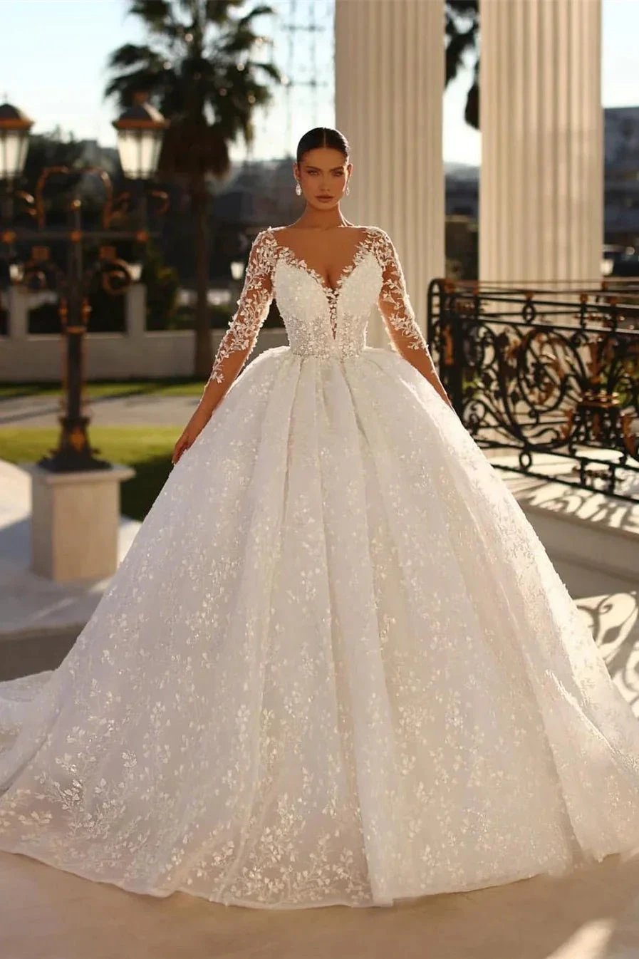 Princess Long White A-line V-neck Lace Wedding Dress With Long Sleeves (ZD16497)