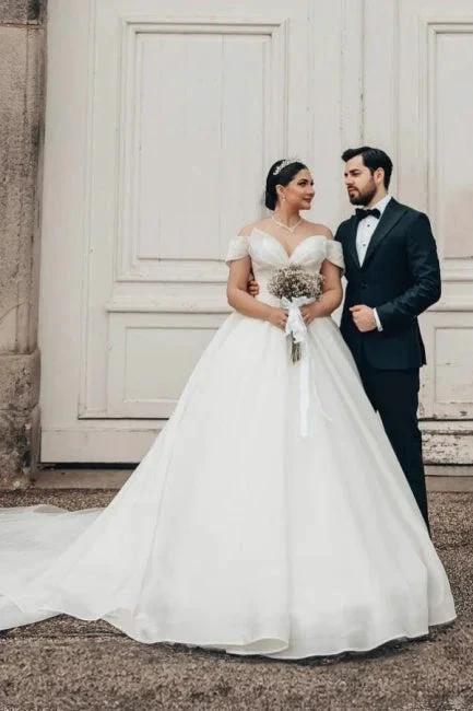 Princess Long White Off-the-shoulder A-line V-neck Organza Satin Wedding Dress (ZD16626)