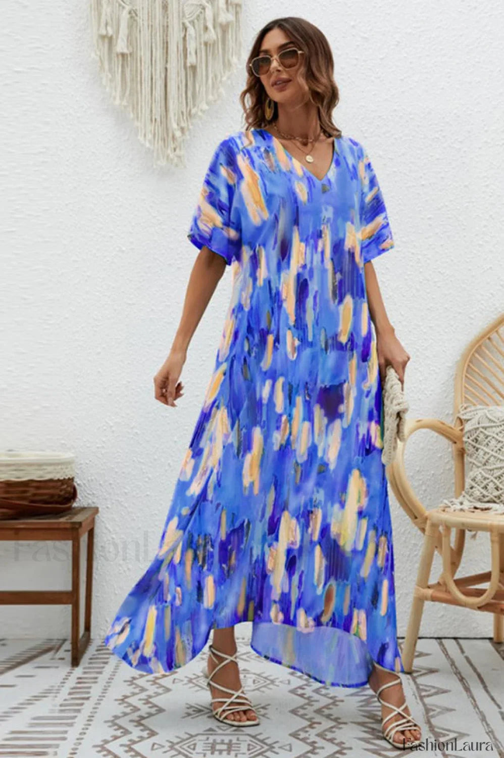 Print Short Sleeve Charming Wide Hem Maxi Dress