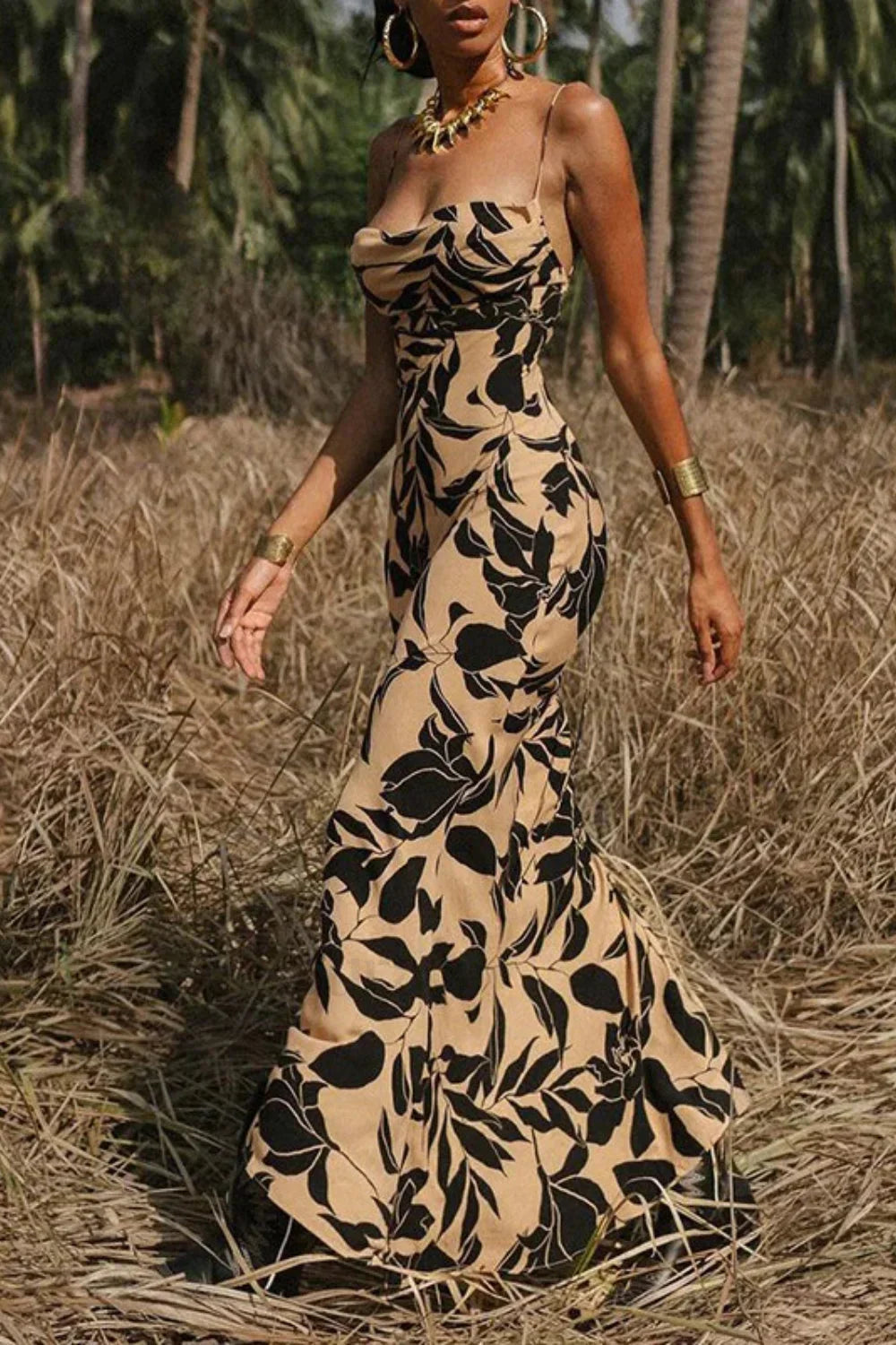 Printed Sexy Halter Strappy Spice Girl Floral Dress Khaki / XS