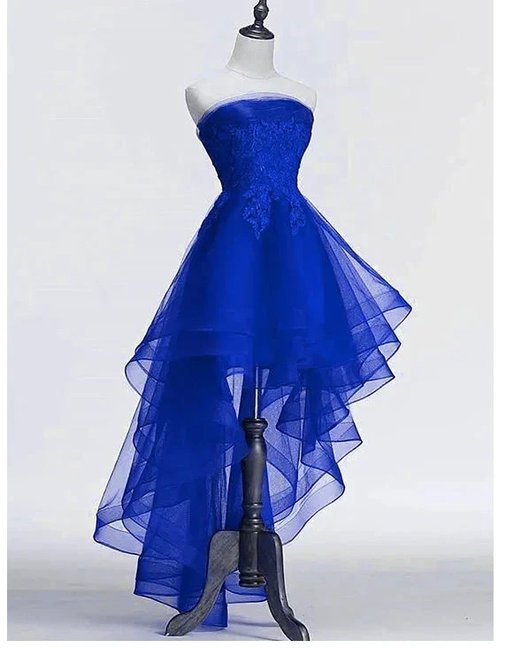 Royal Blue Tulle with Lace Applique High Low Party Dress Blue Homecoming Dress Y671 by simplepromdress