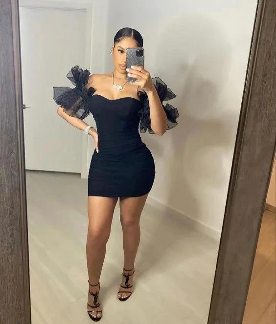 Women Sexy Puff Sleeve Ruffles Dress Mesh Off Shoulder Mini Party Dress Short Black Homecoming Dress Y786 by simplepromdress