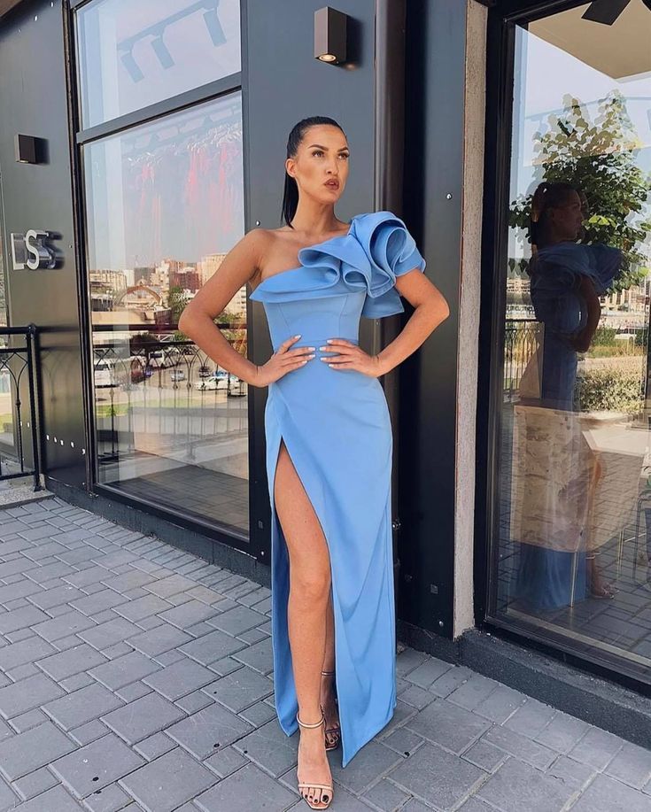 Sheath One Shoulder Blue Satin Ruffled Shoulder Slit Evening Dresses Y1068 - VelvetHem