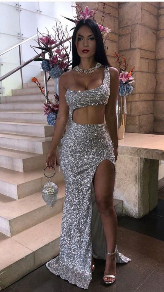 silver prom dress, sequin prom dresses, evening gown Y1036 - VelvetHem