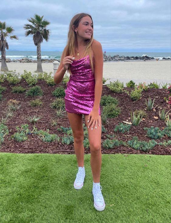 Cute Fuchsia Sequins Tight Dress Sexy Mini Homecoming Dress (ZD12466)