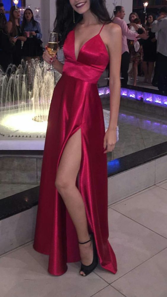 A Line Spaghetti Straps V Neck Evening Dress Y804 - VelvetHem