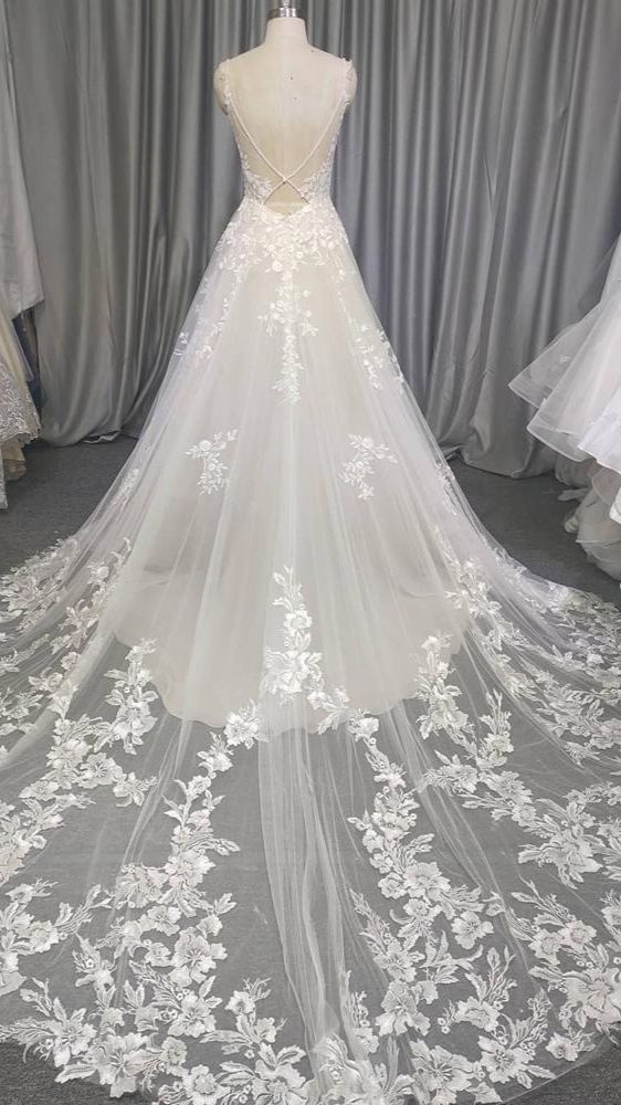 Spaghetti Long Lace Wedding Dresses, Romantic Wedding Dresses A-line Prom Dresses