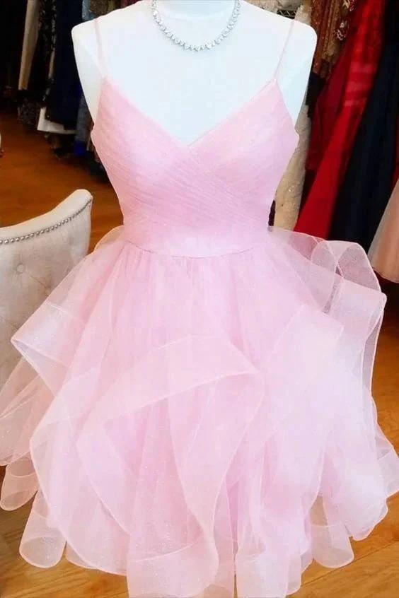 short pink A-line homecoming dress birthday dress with ruffled skirt (ZD12424)