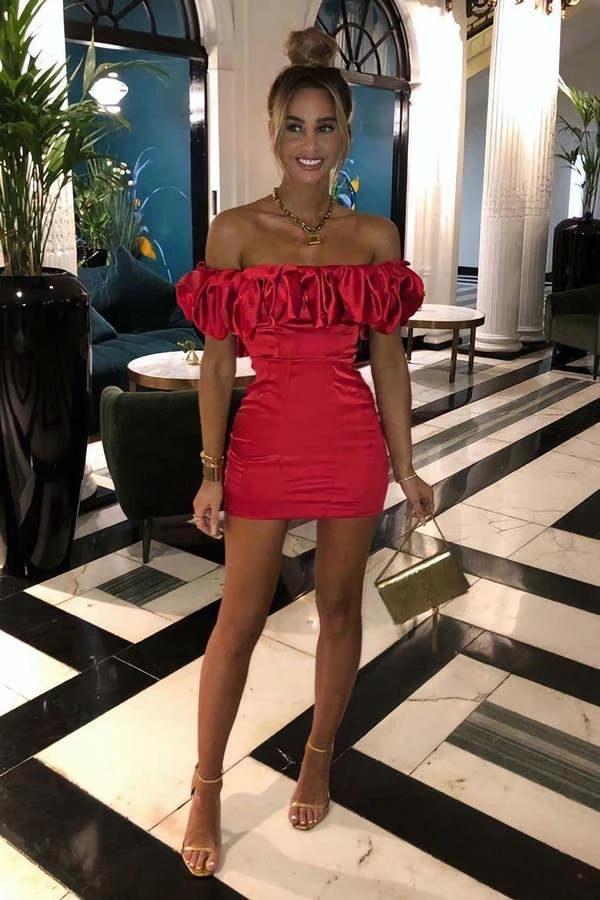 Red Satin Ruffle Sleeve Bardot Mini Dress Homecoming Dress Y1750 by simplepromdress