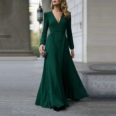 Black/ Burgundy/Green Vintage Formal Dress Women Lady V Neck Long Sleeve Prom Dress  C752