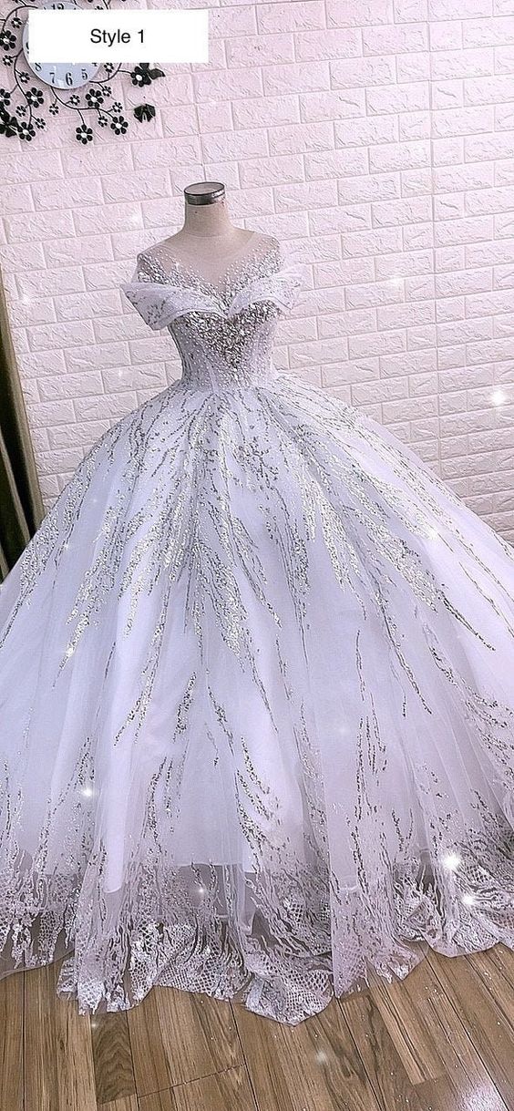 Luxurious white queen style sleeves beaded crystals sparkle ball gown wedding dress with glitter tulle
