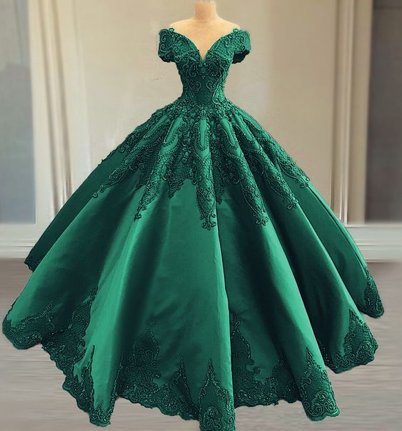Elegant green satin ball gown wedding dress lace embroidery beaded off the shoulder for bridal party