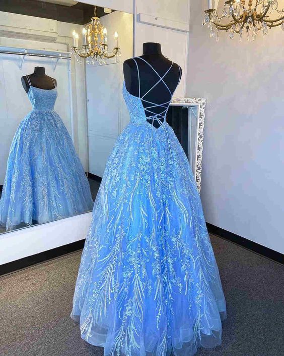 Elegant Straps Blue Appliqued Formal Prom Dress  C36