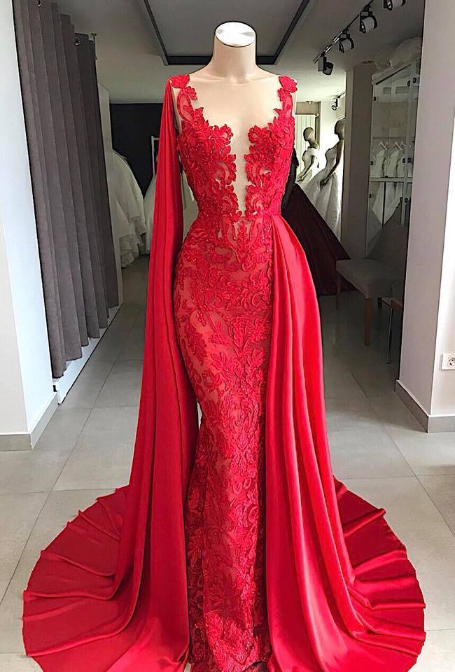 Lace Long Evening Dresses Sleeveless Red Prom Dresses