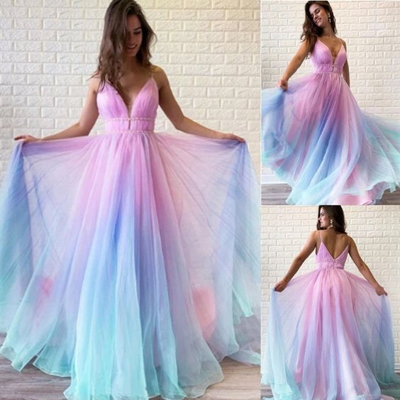 Chic Ombre Spaghetti Straps V Neck Beaded Graduation Gowns, Long Prom Dresses C332