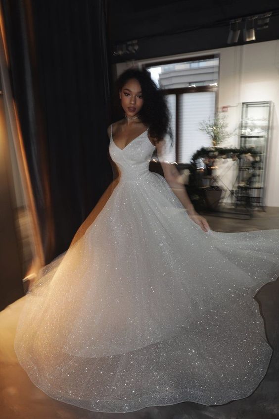 Sparkly V Neck Spaghetti Strap Wedding Dresses Simple Sparkly Tulle Train Wedding Dress