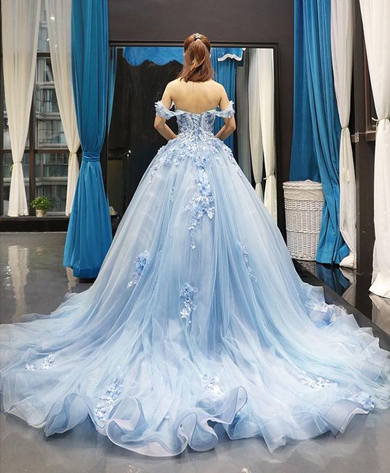 Blue off shoulder tulle lace long prom gown, blue evening dress C51
