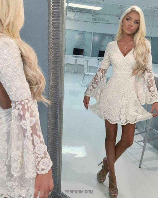Ivory V Neck A Line Classic Lace Homecoming Dress With Bell Sleeves C613