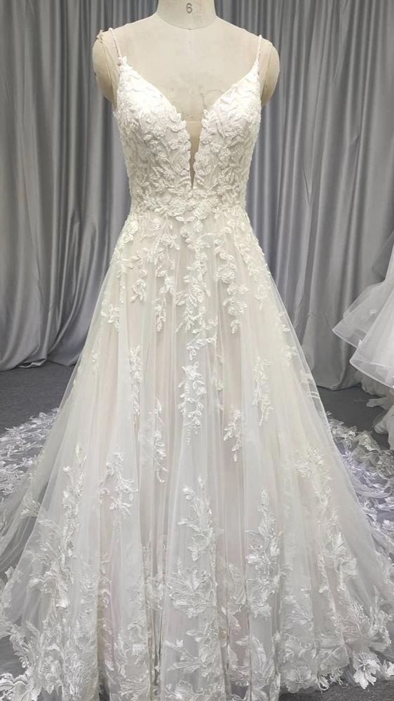 Spaghetti Long Lace Wedding Dresses, Romantic Wedding Dresses A-line Prom Dresses