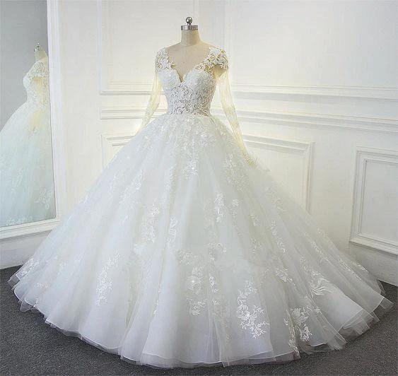 V-Neck White Organza Ball Gown Wedding Dresses Long Sleeve Bridal Dress S27009 by simplepromdress