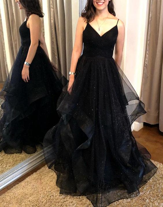 A Line V Neck Black Backless Prom Dresses  C1117