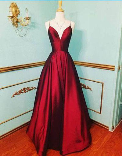 Burgundy satin V neck long prom dress, prom dresses