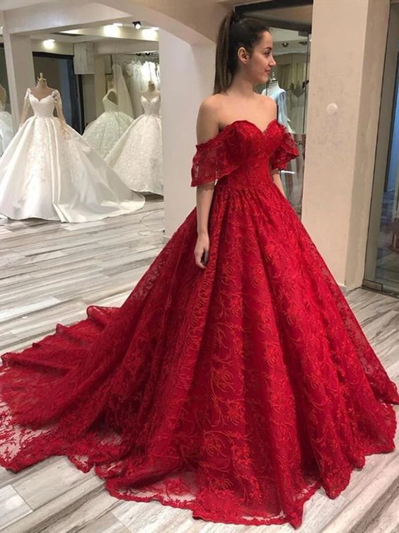 Off Shoulder Long A-line Red Lace Prom Dresses, Formal Dresses, Long Prom Dresses