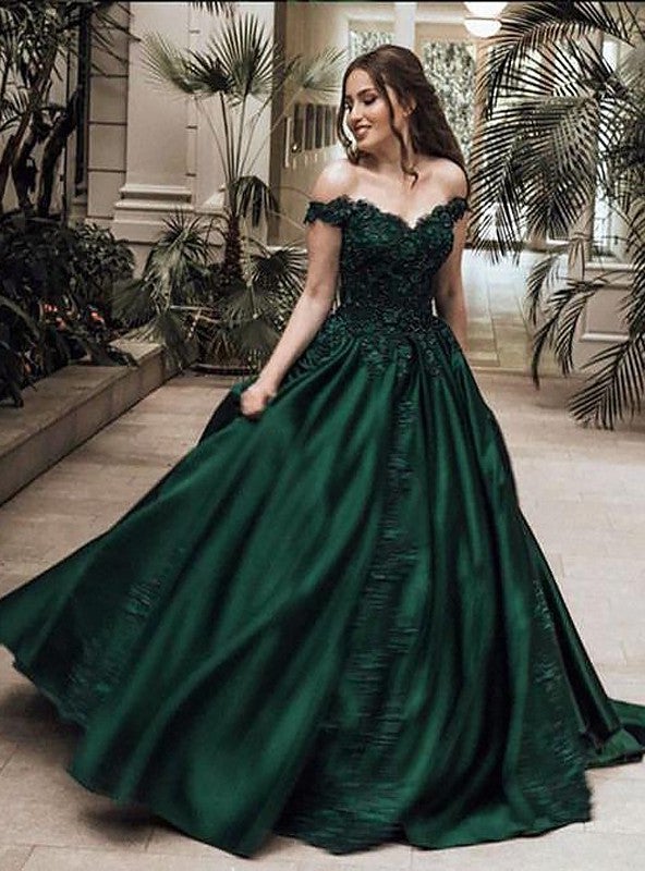 Classic Satin Dark Green Off Shoulder Sweetheart Ball Gown Prom Dress