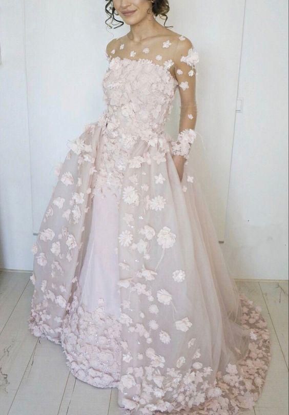 Elegant Light Pink Tulle Ball Gown Long Sleeves Wedding Dress With 3D Flowers