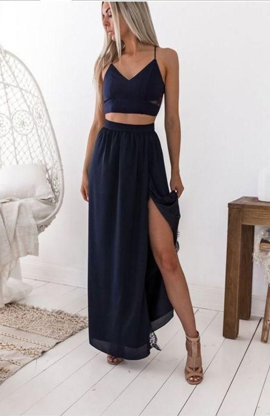 sexy two piece navy blue long prom dress C224
