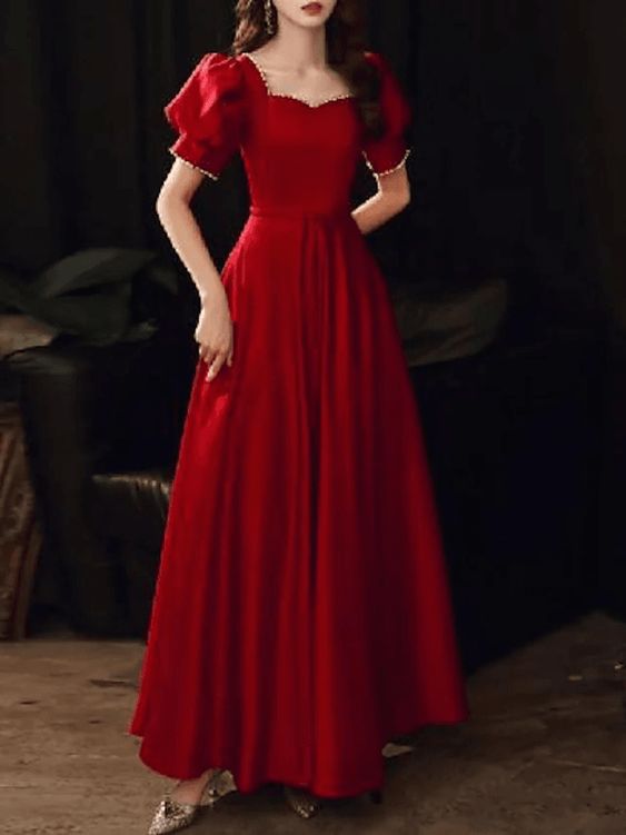 A-Line Elegant Vintage Engagement Formal Evening Dress Scoop Neck Short Sleeve Floor-Length Satin with Pleats Pearls - FashionDia