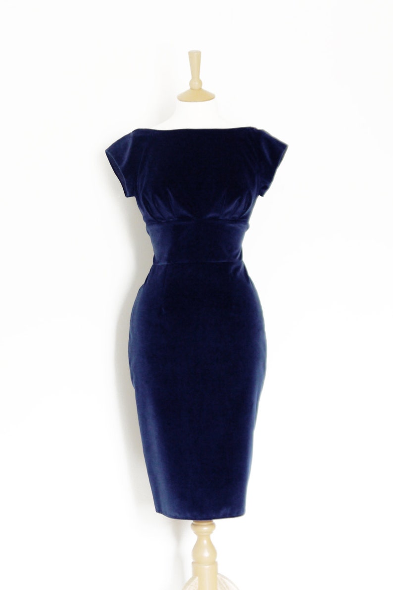 Midnight Blue Velvet Classic Pencil Dress Simple Party Dress