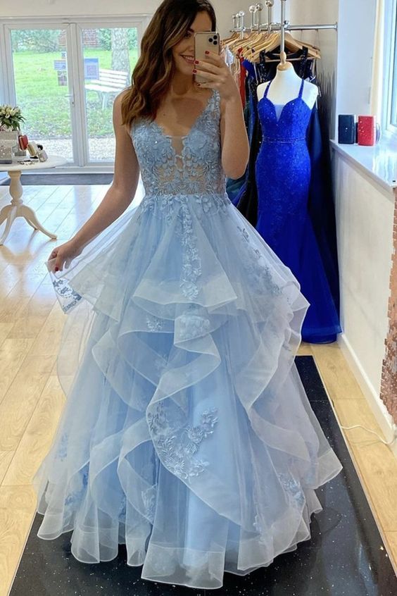 V Neck Fluffy Blue Lace Long Prom Dress, Blue Lace Formal Dress, Layered Blue Evening Dress  C390