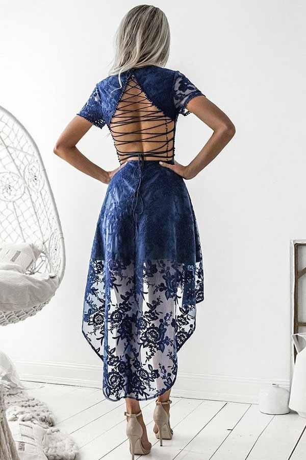 Fashion Dark Blue Lace Short Sleeve Hi-Low Party Dress,Short Prom Dress  C725
