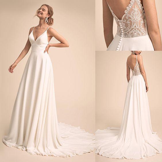 Simple V Neck Spaghetti Straps Chiffon A Line Wedding Dress With Lace Back Bridal Gown 2025 - VelvetHem