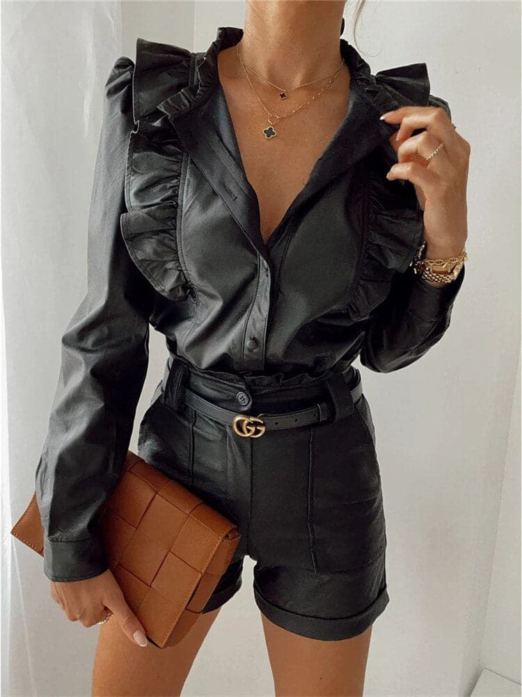 Women Black PU Leather Ruffle Shirts