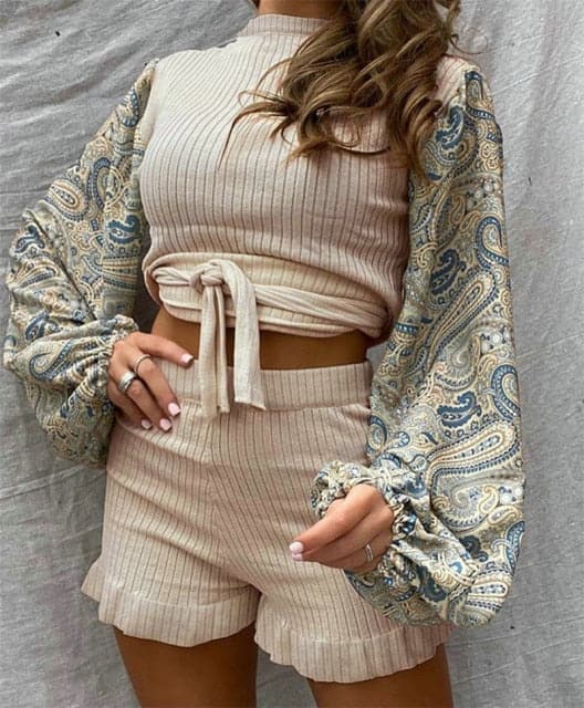 DressBetty - Lantern Sleeve Print TOP+Elastic High Waist Shorts - View 2 | VelvetHem