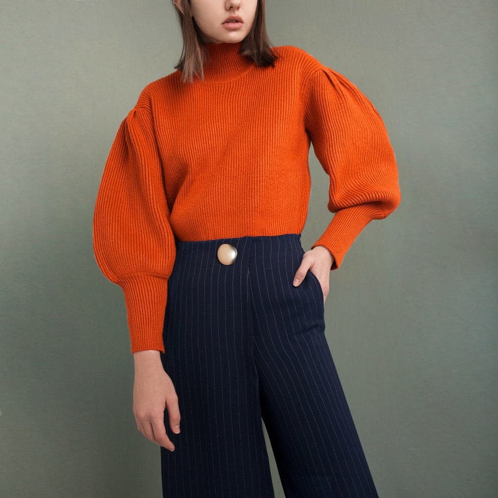 DressBetty - Stylish Retro Solid Semi-High Collar Lantern Sleeve Bottom Sweate - VelvetHem