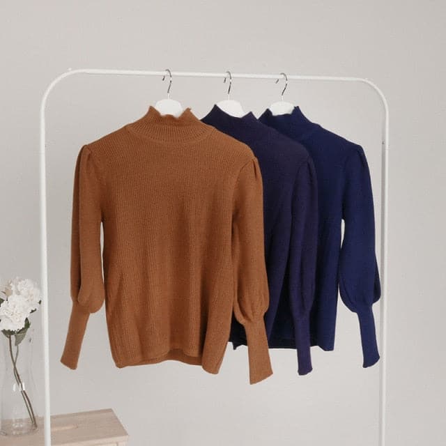 DressBetty - Stylish Retro Solid Semi-High Collar Lantern Sleeve Bottom Sweate - View 5 | VelvetHem