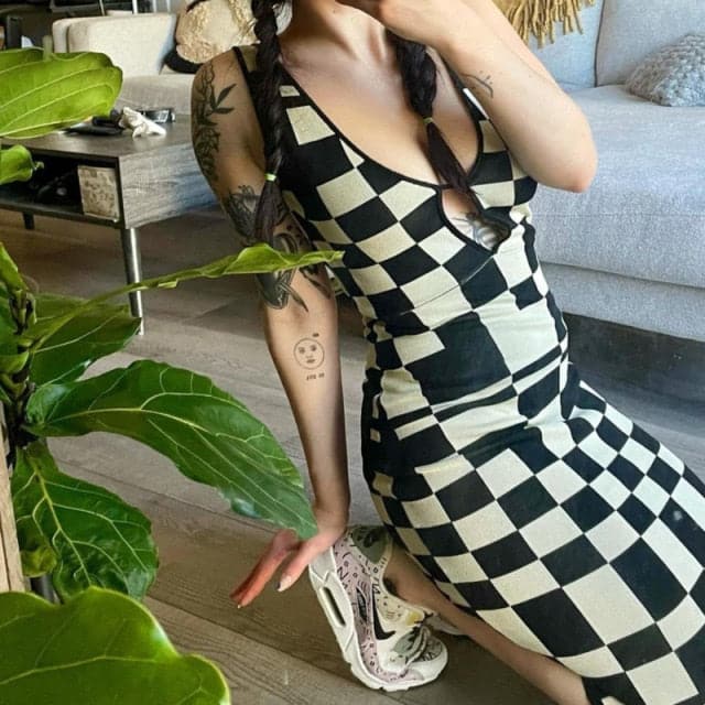 DressBetty - Backless Plaid Print Spaghetti Strap Hollow Out Vestidos Maxi Dress - View 3 | VelvetHem