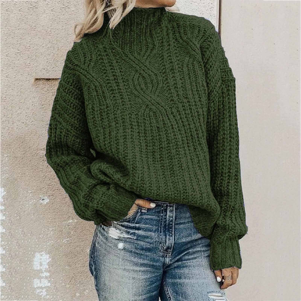 DressBetty - Turtleneck Jacquard Sweater Women Vintage Casual Loose Solid Long Sleeve Temperament Commute Knitted Pullover Top Pull - VelvetHem