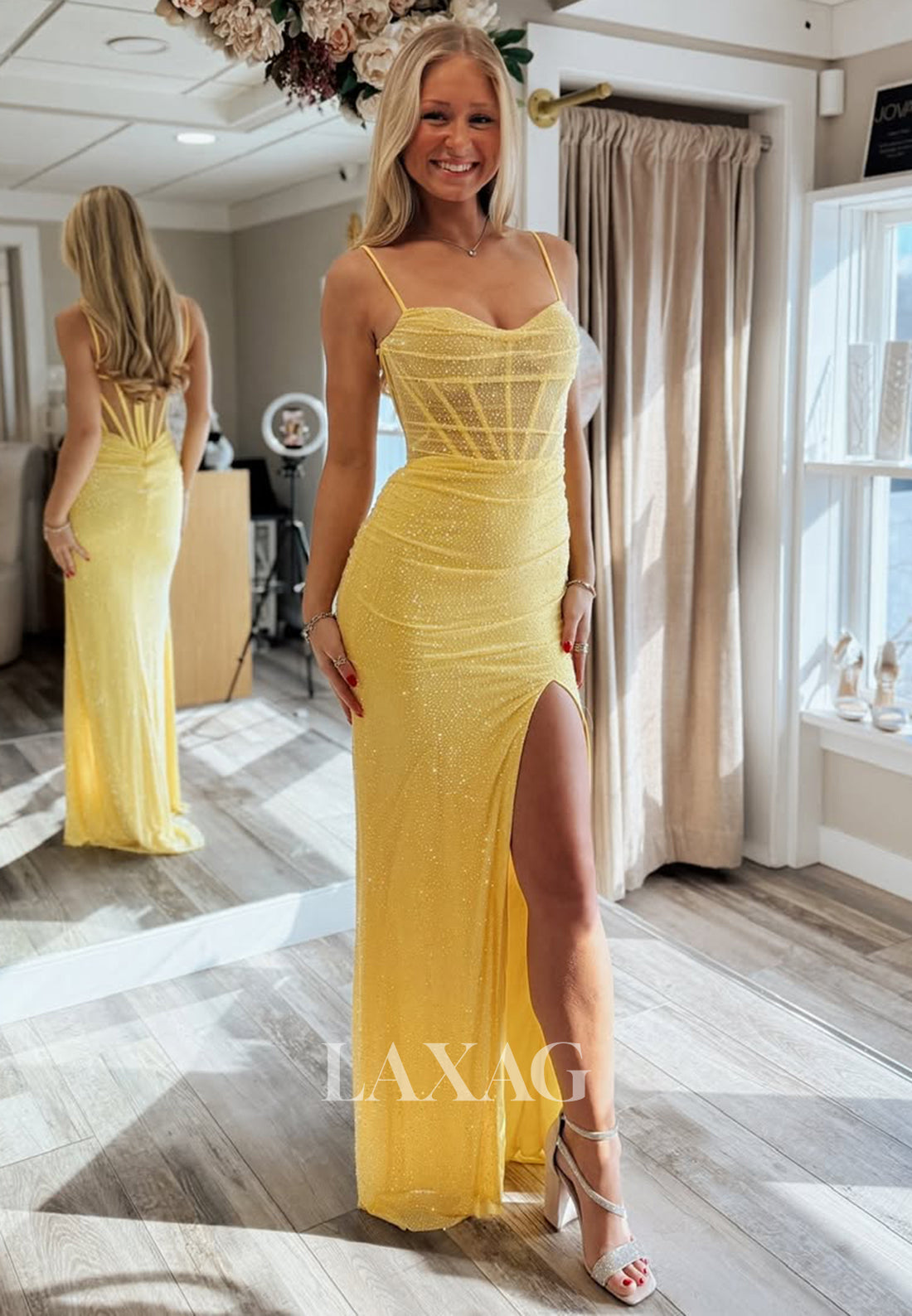 Spaghetti Straps Sweetheart Off-Shoulder Mermaid  Prom Dress Sleeveless Fully Beaded Pleated Party Gowns