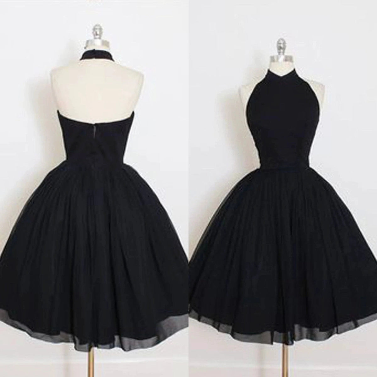 Black Halter A Line Sleeveless Tulle Ball Gown Mid Homecoming Dresses (ZD11564)