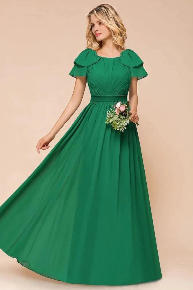 Puff Sleeve Floor Length Bridesmaid Dress A-line Wedding Guest Dress (ZD12954)