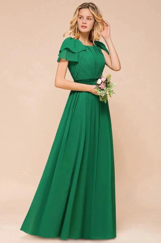 Puff Sleeve Floor Length Bridesmaid Dress A-line Wedding Guest Dress (ZD12954)