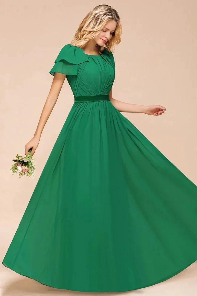 Puff Sleeve Floor Length Bridesmaid Dress A-line Wedding Guest Dress (ZD12954)