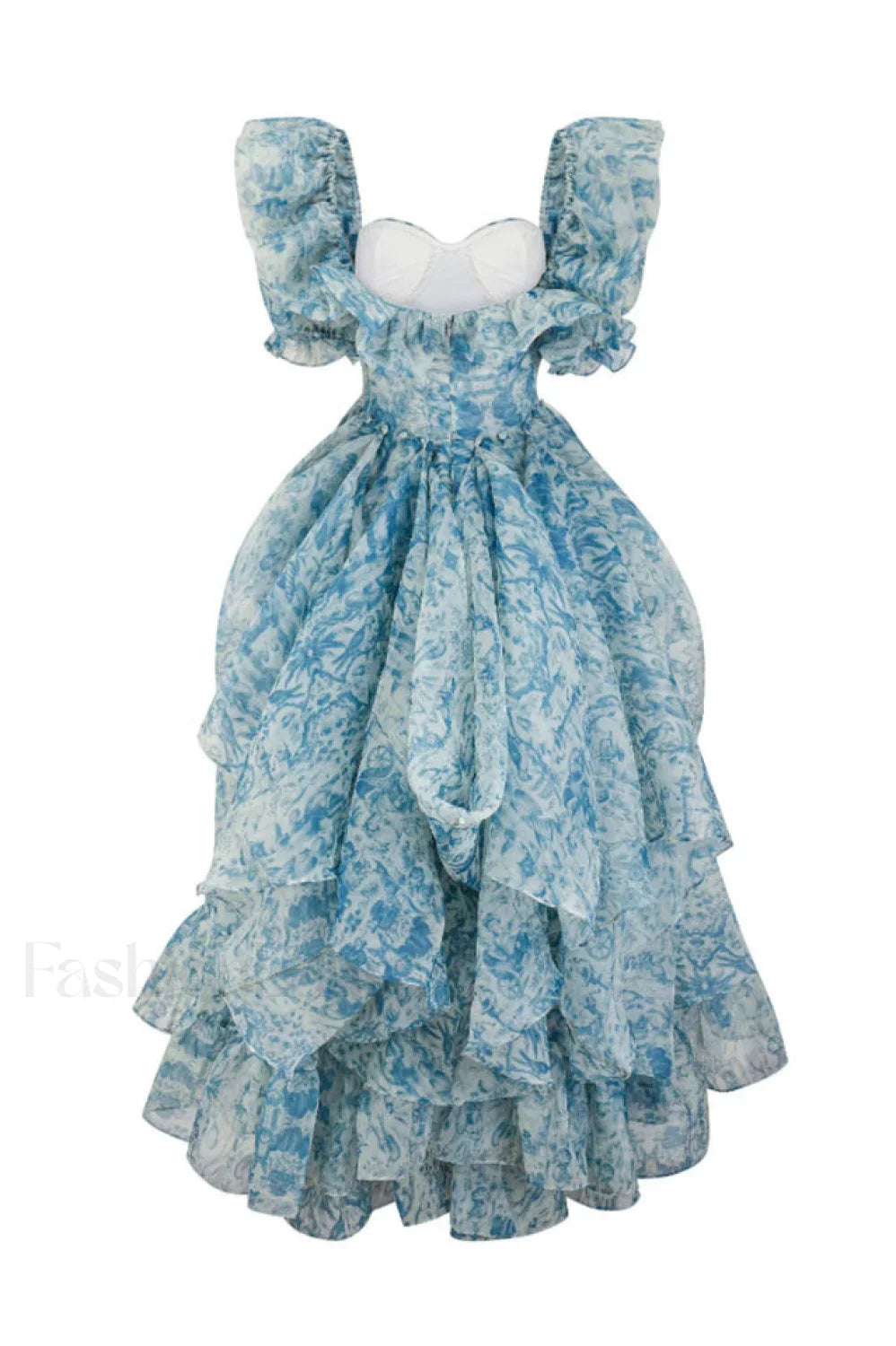 Puff Sleeve Floral Charming Organza Layered Split Dress