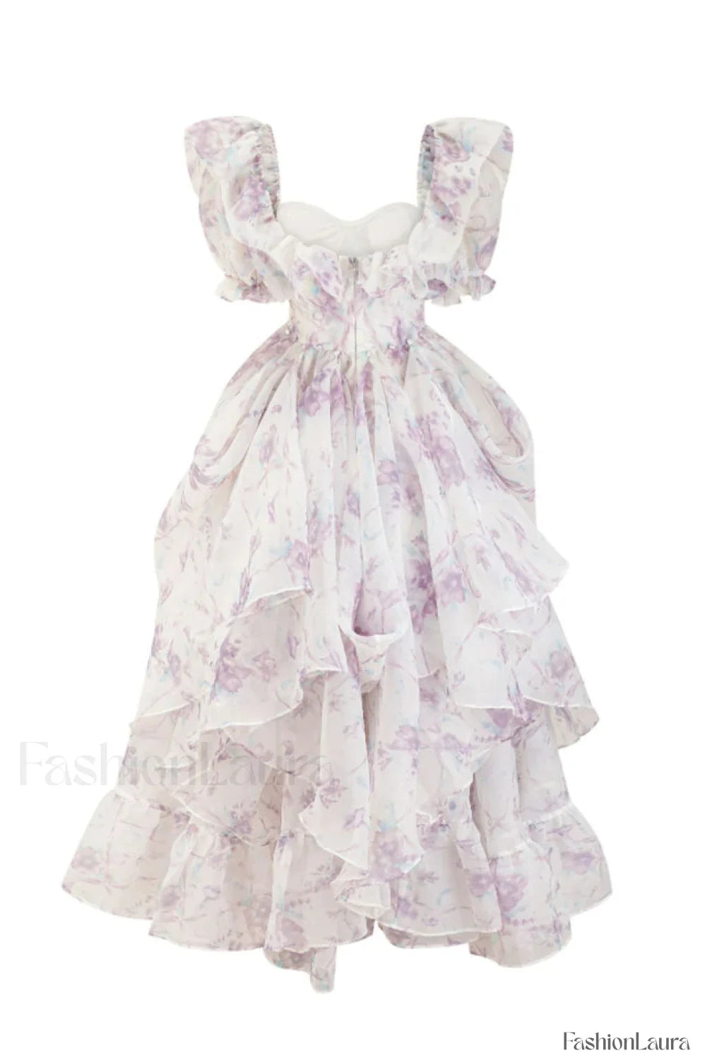 Puff Sleeve Floral Charming Organza Layered Split Dress